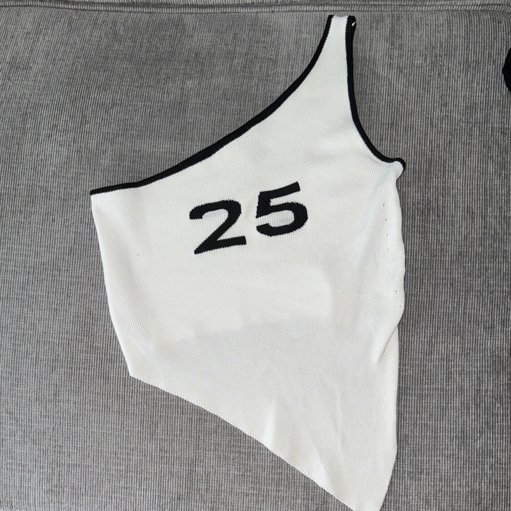 Forever 21 White Asymmetrical Crop Top with Black Accents